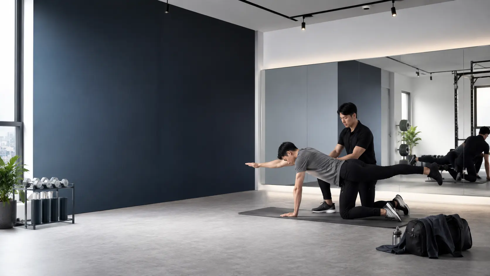 トレーナーが利用者のフォームを確認している個室ジムの様子